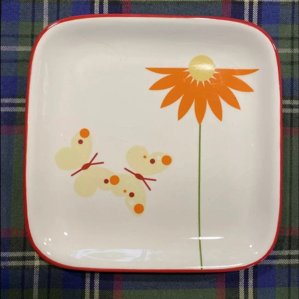 TAG Appetizer‎ Plate 6" X 6" Square Ceramic Yellow Butterflies w/ Orange Flower